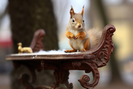 squirrel balancing on the armrest of a park benchの素材