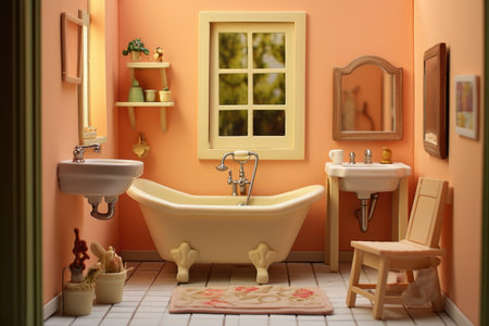 a dollhouse bathroom with a tiny bathtub, sink, and mirrorの素材