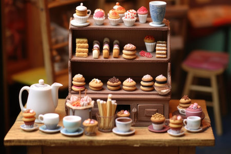 miniature bakery with doll-sized pastries and coffee cupsの素材