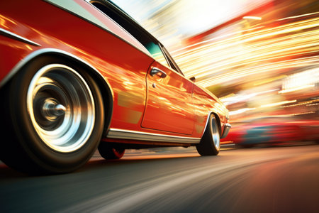close-up of a retro cars wheels spinning as the race beginsの素材