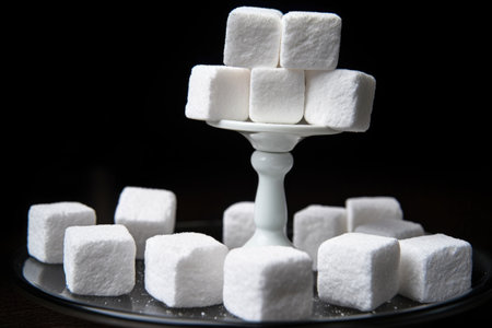 a close-up shot of sugar cubes balancing on top of a small dumbbellの素材