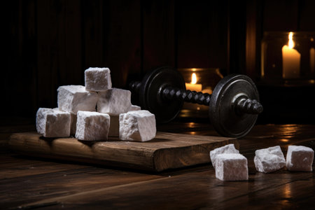 a dumbbell and sugar cubes on a rustic wooden surface, with soft lightingの素材