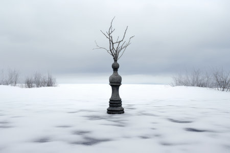 pawn chess piece standing alone in a desolate, snow-covered landscapeの素材
