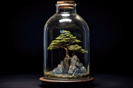 a tiny island with a single tree floating in a glass bottleの素材