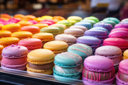 a colorful array of macarons displayed in a bakery caseの素材