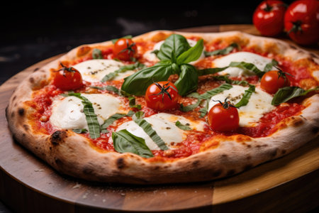 close-up shot of a margherita pizza showing the texture of mozzarella and tomato sauceの素材