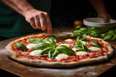 a hand sprinkling fresh basil leaves onto a freshly baked margherita pizzaの素材