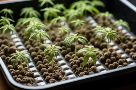 detailed shot of cannabis seeds and seedlings in a germination trayの素材
