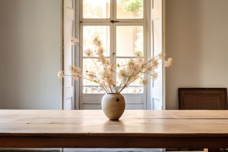 a wooden dining table with one vase of flowers in a bright roomの素材