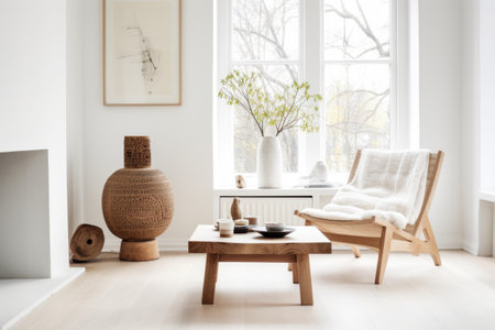 a white living room with a solitary scandinavian-style chair and a coffee tableの素材