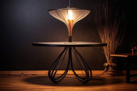metal table with a single, stylish lamp in the centerの素材