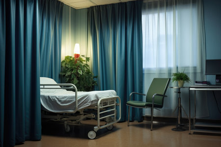 a hospital room with a bed, privacy curtain, and a wheelchair parked besideの素材