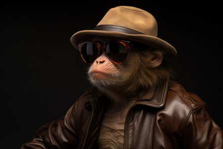 monkey in a leather jacket wearing sunglasses and a hatの素材