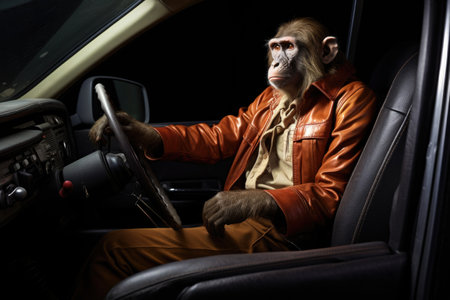 monkey in a leather jacket sitting in a classic carの素材
