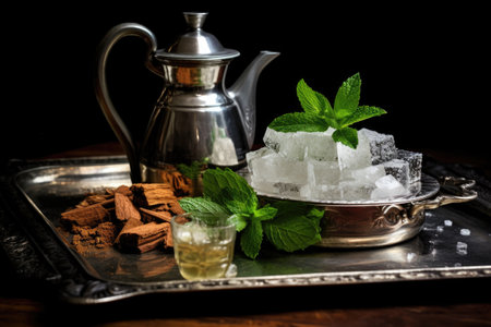 a silver moroccan teapot on a tray with mint leaves and sugar cubesの素材