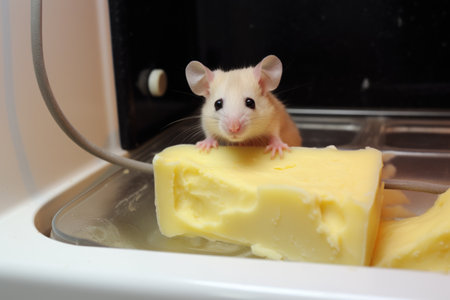 mouse perched on top of a butter dish inside a refrigeratorの素材