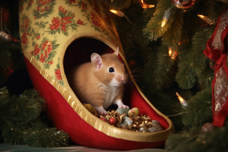 mouse inside a slipper with a christmas theme, under a decorated treeの素材
