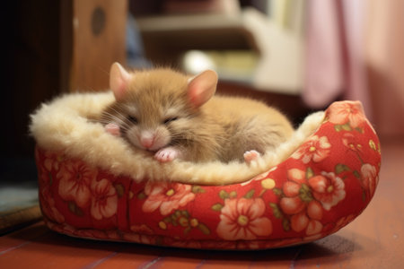 a mouse sleeping snugly inside a plush, soft fur slipperの素材