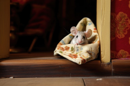 a small mouse peeking out from a woolen slipper on a wooden floorの素材