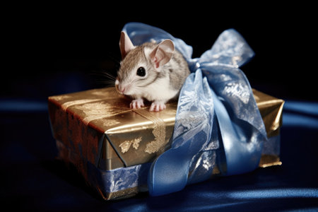 a mouse sitting on top of a blue gift box with a silver bowの素材