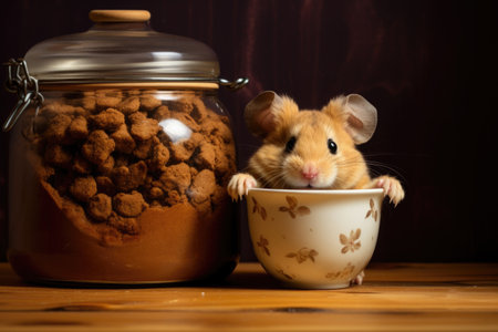 mouse peeking out of a ceramic cookie jar on the tableの素材
