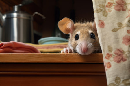 mouse peeking out from beneath a dishcloth on the tableの素材