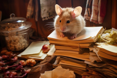 mouse climbing a pile of recipe books left on the kitchen tableの素材