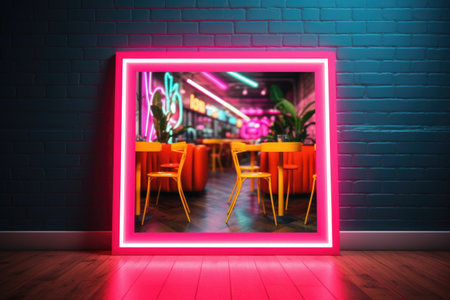 a bright neon frame placed in a trendy coffee shop with blurred backgroundの素材