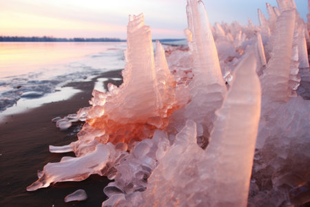 a close-up shot of salt crystals on the lake shoreの素材