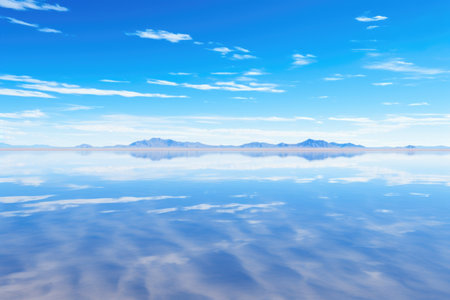 reflection of a clear blue sky on the smooth salt lake surfaceの素材