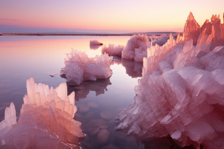 salt crystals forming on the edge of a lake, with a soft sunrise lightの素材