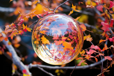 vibrant autumn foliage reflected in a soap bubbleの素材