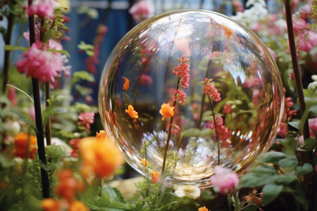 a blossoming garden seen through the reflection of a soap bubbleの素材