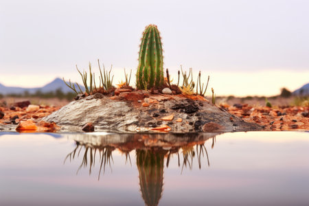 a desert landscape mirrored in a raindrop on a cactus spineの素材