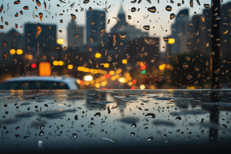 raindrop on a car windshield reflecting city skylineの素材