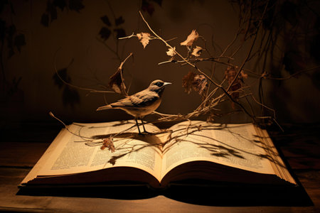 a shadow of a bird puppet projected on an old bookの素材