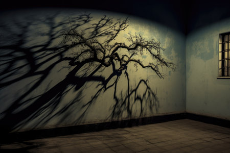 shadow of a gnarly tree against a moonlit wallの素材