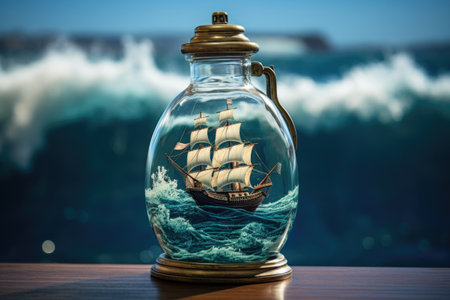a ship model in a bottle against a backdrop of real ocean wavesの素材