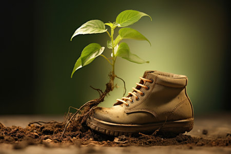 a childs shoe nurturing a young saplingの素材