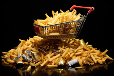 shopping cart overflowing with golden, crispy french friesの素材