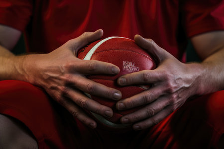 close-up of a sitting volleyball players hands holding the ballの素材