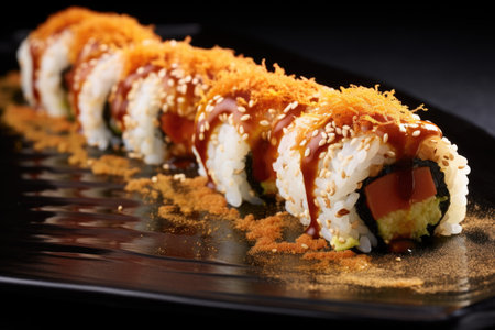 smoked salmon sushi roll topped with sesame seedsの素材