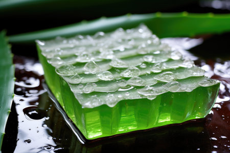 soap bar resting on aloe vera leaf with water dropletsの素材