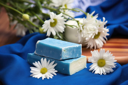 soap bar alongside a bunch of fresh cut daisies on a blue towelの素材