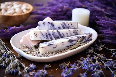 a white soap bar surrounded by dried lavender flowersの素材