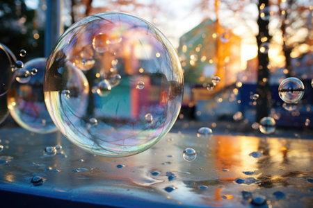 close-up shot of a soap bubble reflecting playground equipmentの素材