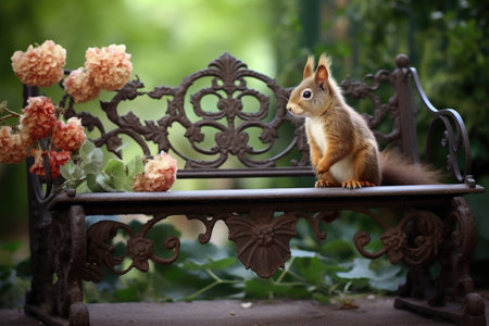 squirrel on a vintage wrought iron bench in a gardenの素材