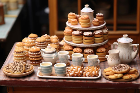 miniature bakery with doll-sized pastries and coffee cupsの素材