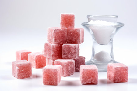 close-up of a dumbbell and a pyramid of sugar cubes on a white backgroundの素材