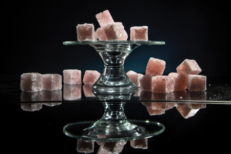 a dumbbell and sugar cubes placed on a glass table, reflecting their shapesの素材
